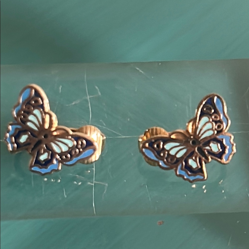 Delicate Enamal Butterfly Clip On Earrings with Blue and Gold Accents